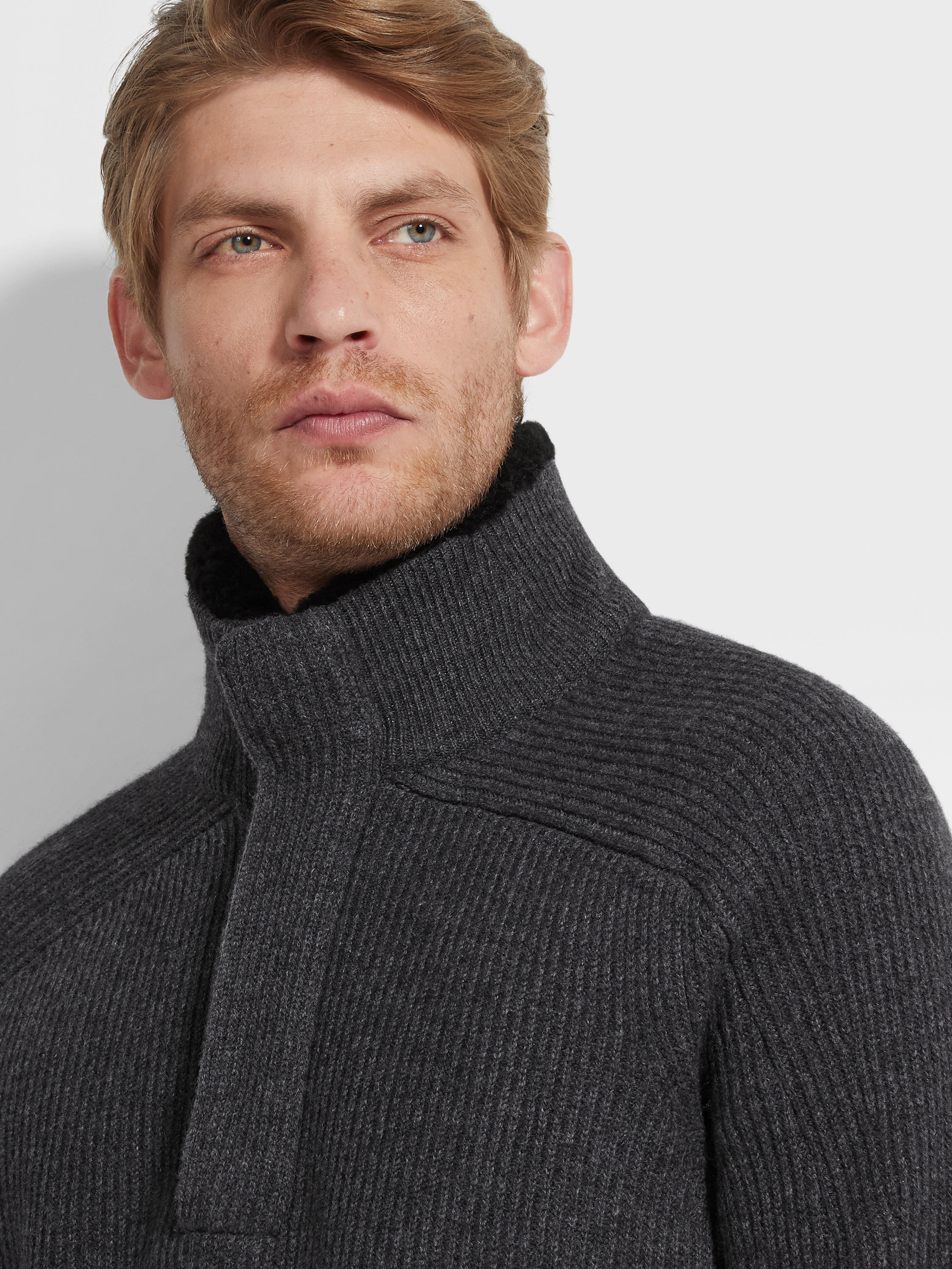 深麻灰色 Oasi Cashmere 拉链企领毛衣 产品细节图 #1