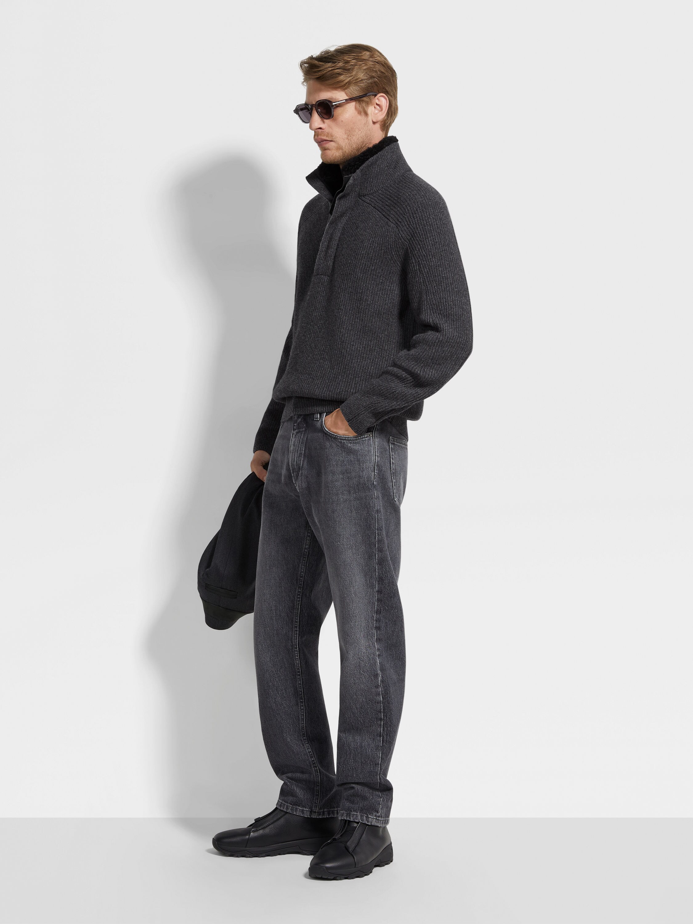 深麻灰色 Oasi Cashmere 拉链企领毛衣 产品细节图 #2