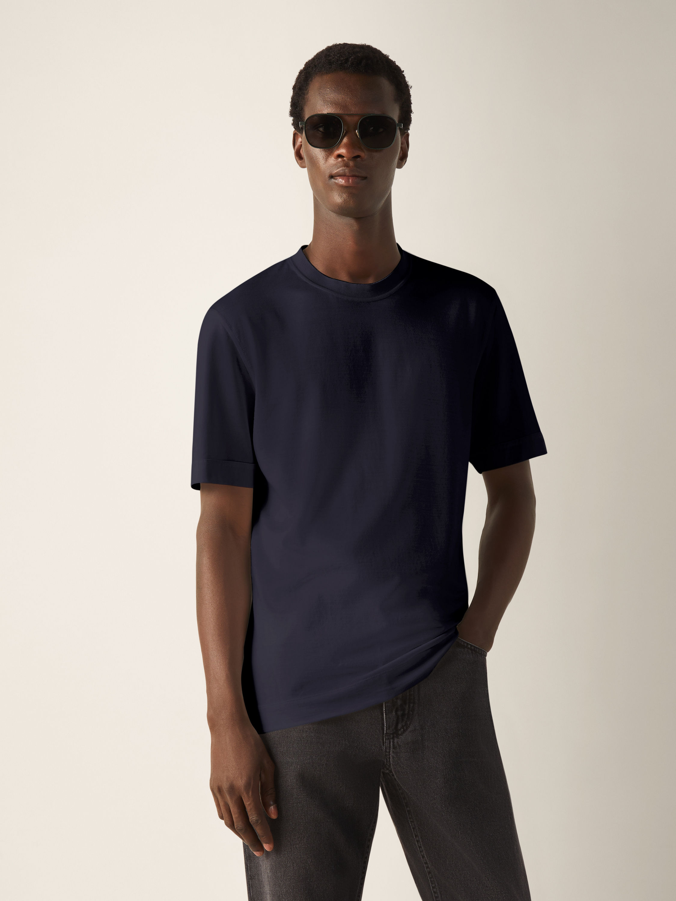 Dark Indigo Blue Leggerissimo Cotton and Silk T-shirt Product detail photo #2