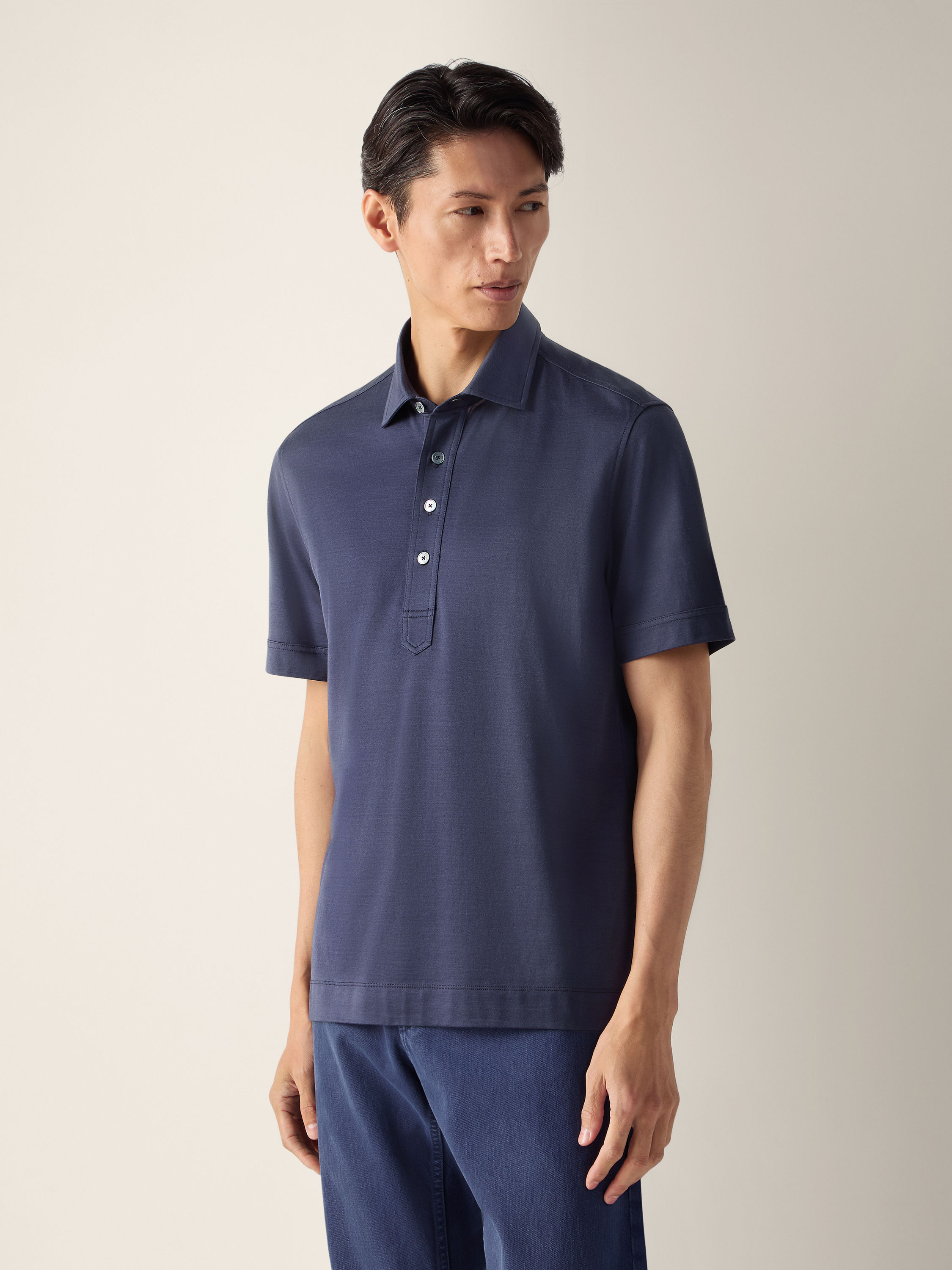 Dark Indigo Blue Leggerissimo Cotton and Silk Polo Shirt Product detail photo #2