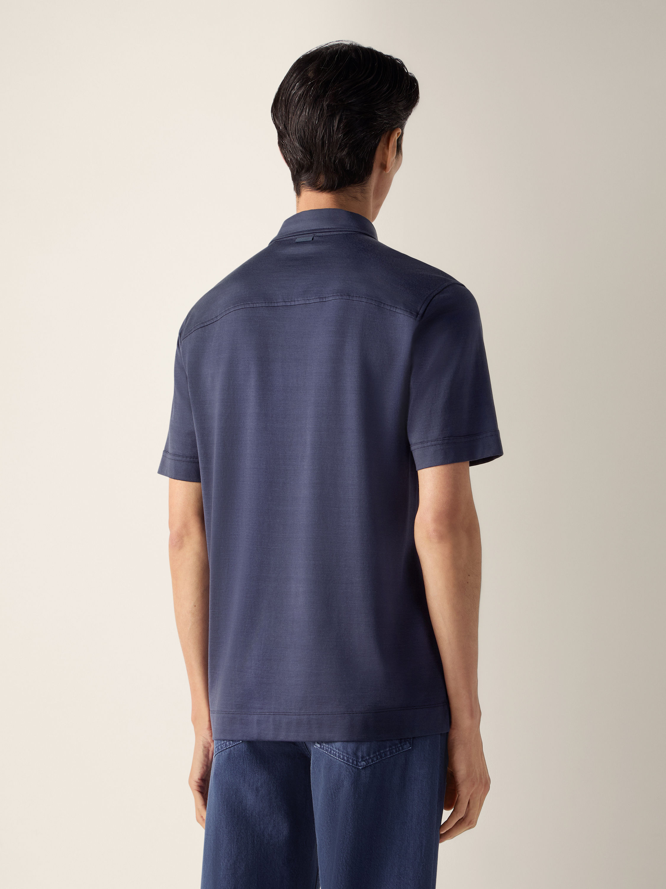 Dark Indigo Blue Leggerissimo Cotton and Silk Polo Shirt Product detail photo #3