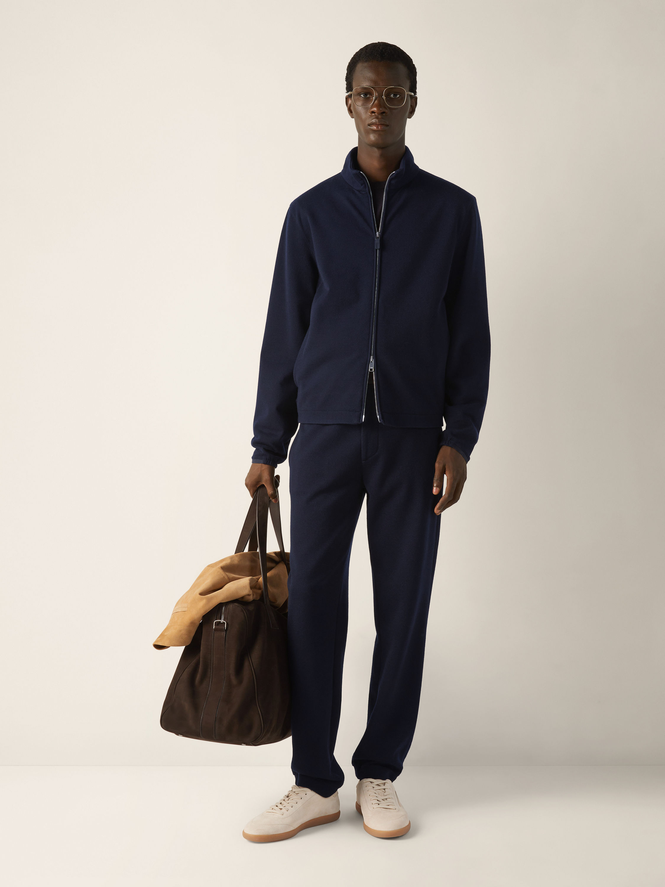 海军蓝棉、羊毛及桑蚕丝全拉链运动衫 产品细节图 #2