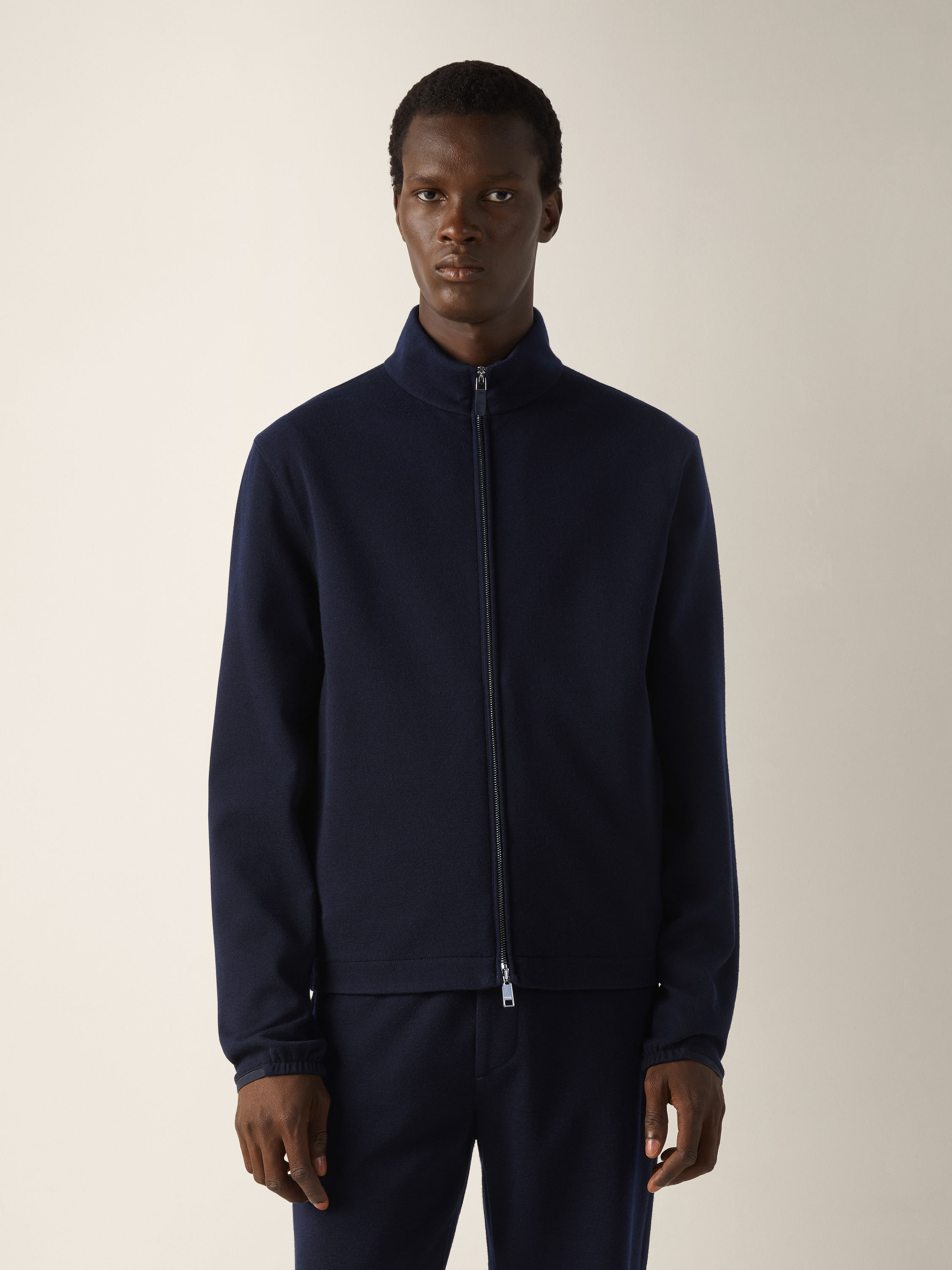 海军蓝棉、羊毛及桑蚕丝全拉链运动衫 产品细节图 #3