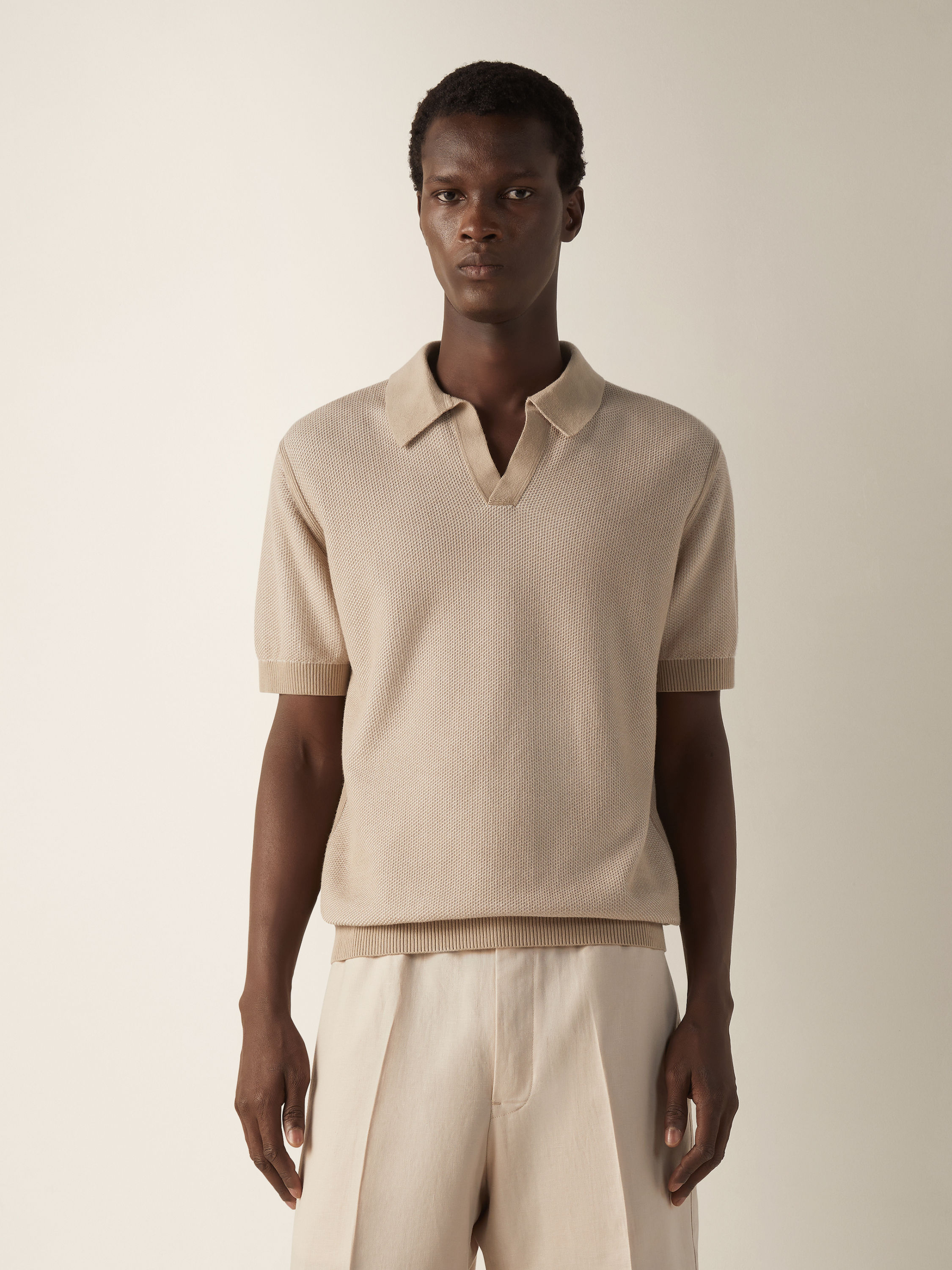 Ivory and Light Taupe Cotton Polo Shirt Product detail photo #2