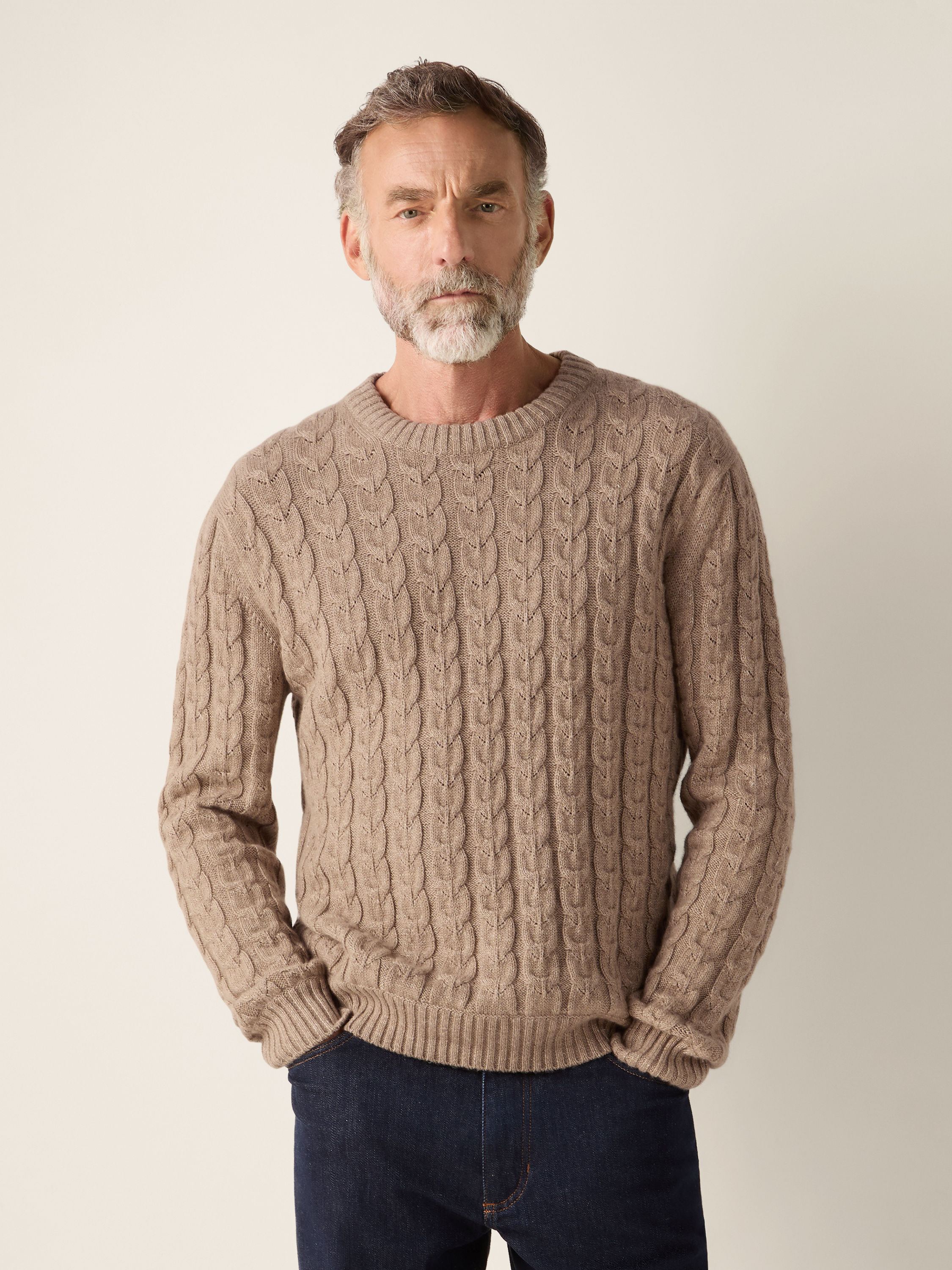 混米色亚麻、山羊绒及桑蚕丝针织圆领毛衣 产品细节图 #3