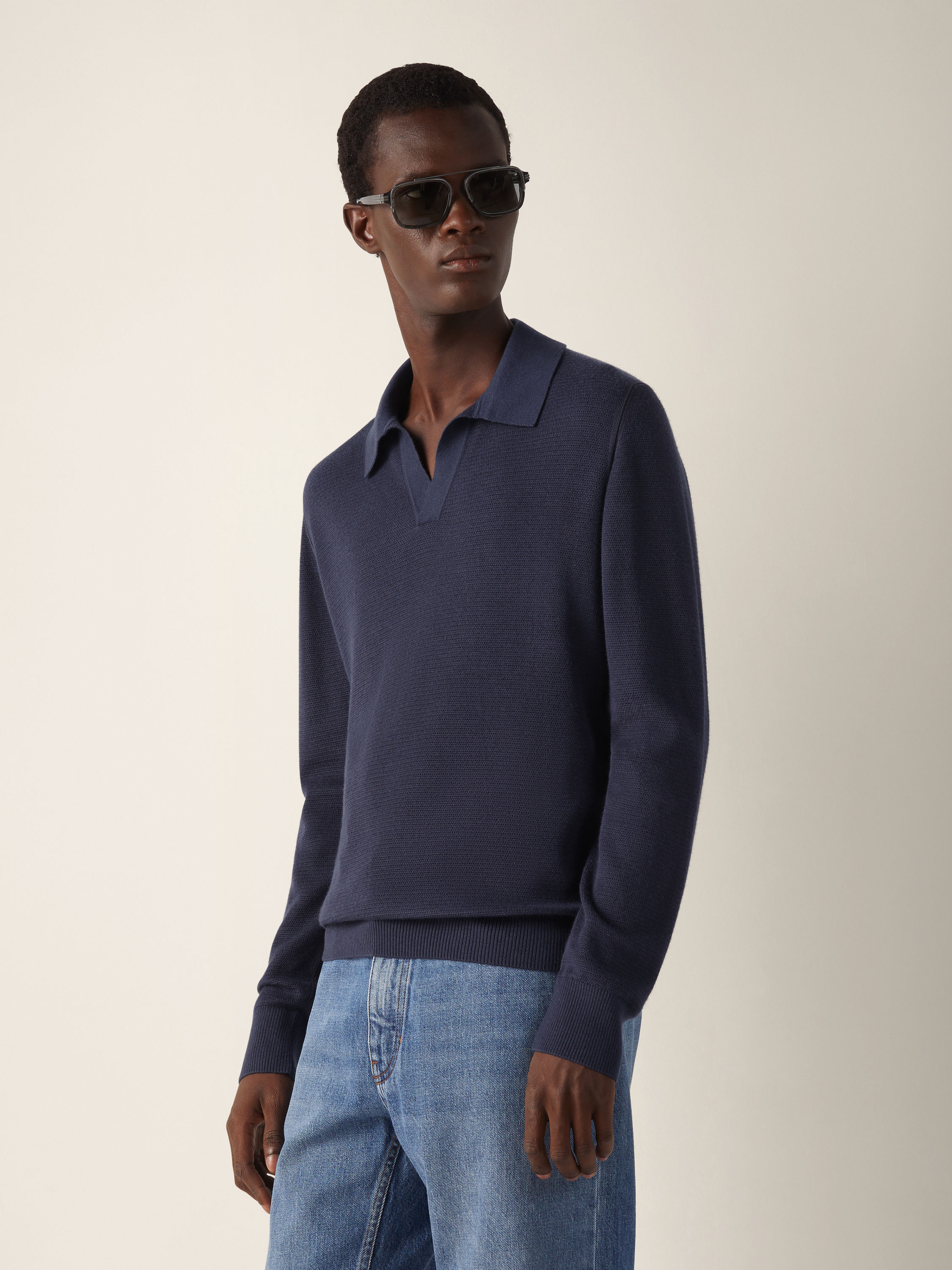 Dark Indigo Blue Mélange Cashmere and Silk Polo Shirt Product detail photo #2