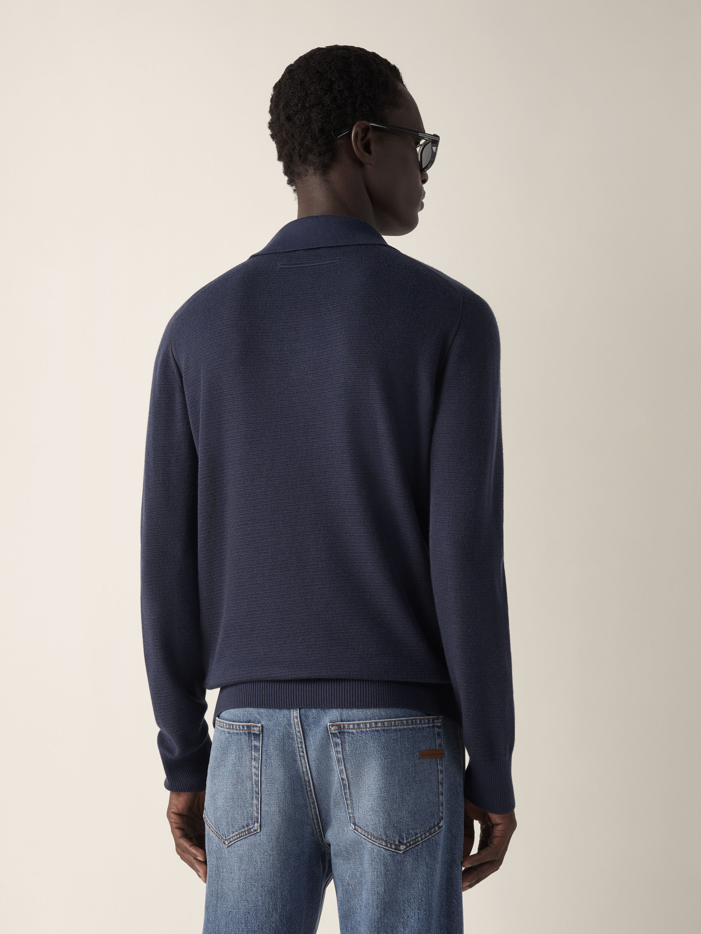 Dark Indigo Blue Mélange Cashmere and Silk Polo Shirt Product detail photo #4