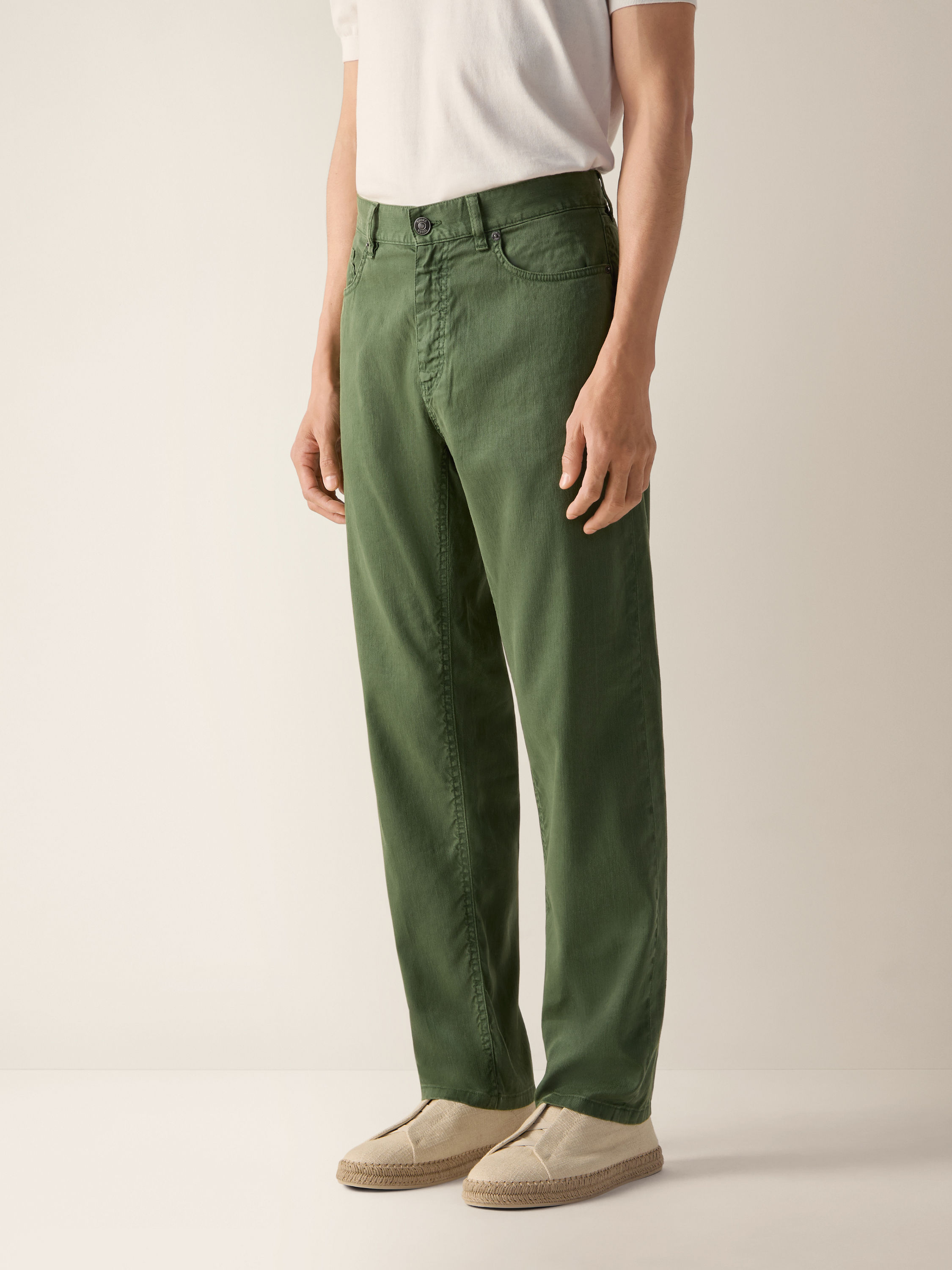 Pine Green Stretch Linen and Cotton Roccia Pants Product detail photo #3