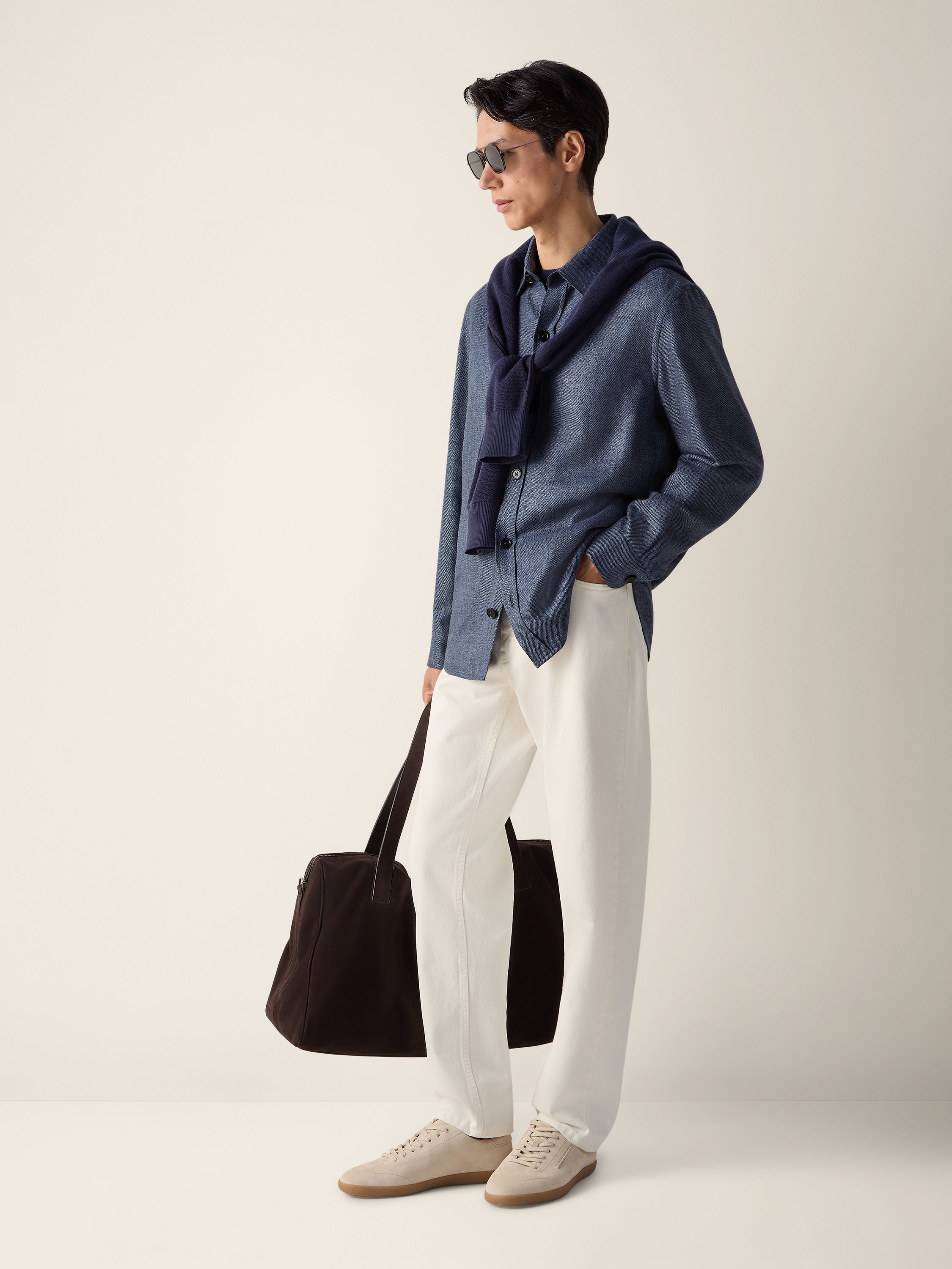 深靛蓝色山羊绒、亚麻及桑蚕丝衬衫外套 产品细节图 #1