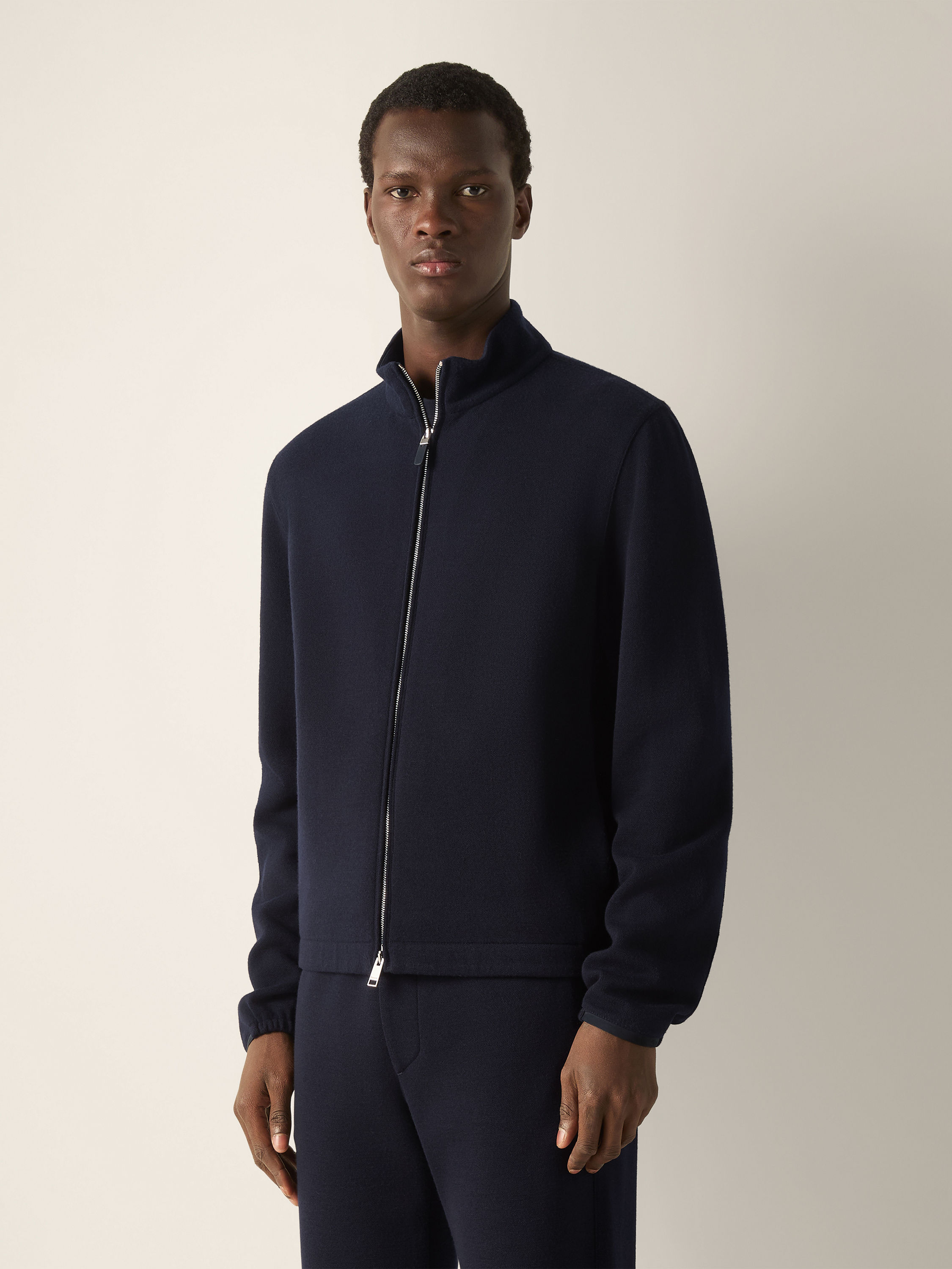 Navy Blue Wool Cotton and Silk Full Zip Sweatshirt Product detail photo #3