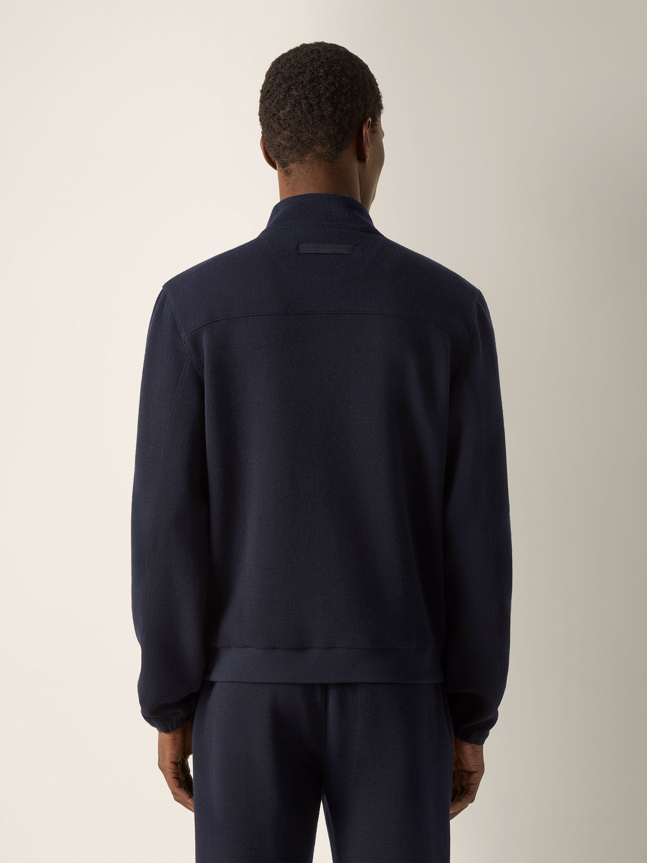 Navy Blue Wool Cotton and Silk Full Zip Sweatshirt Product detail photo #4