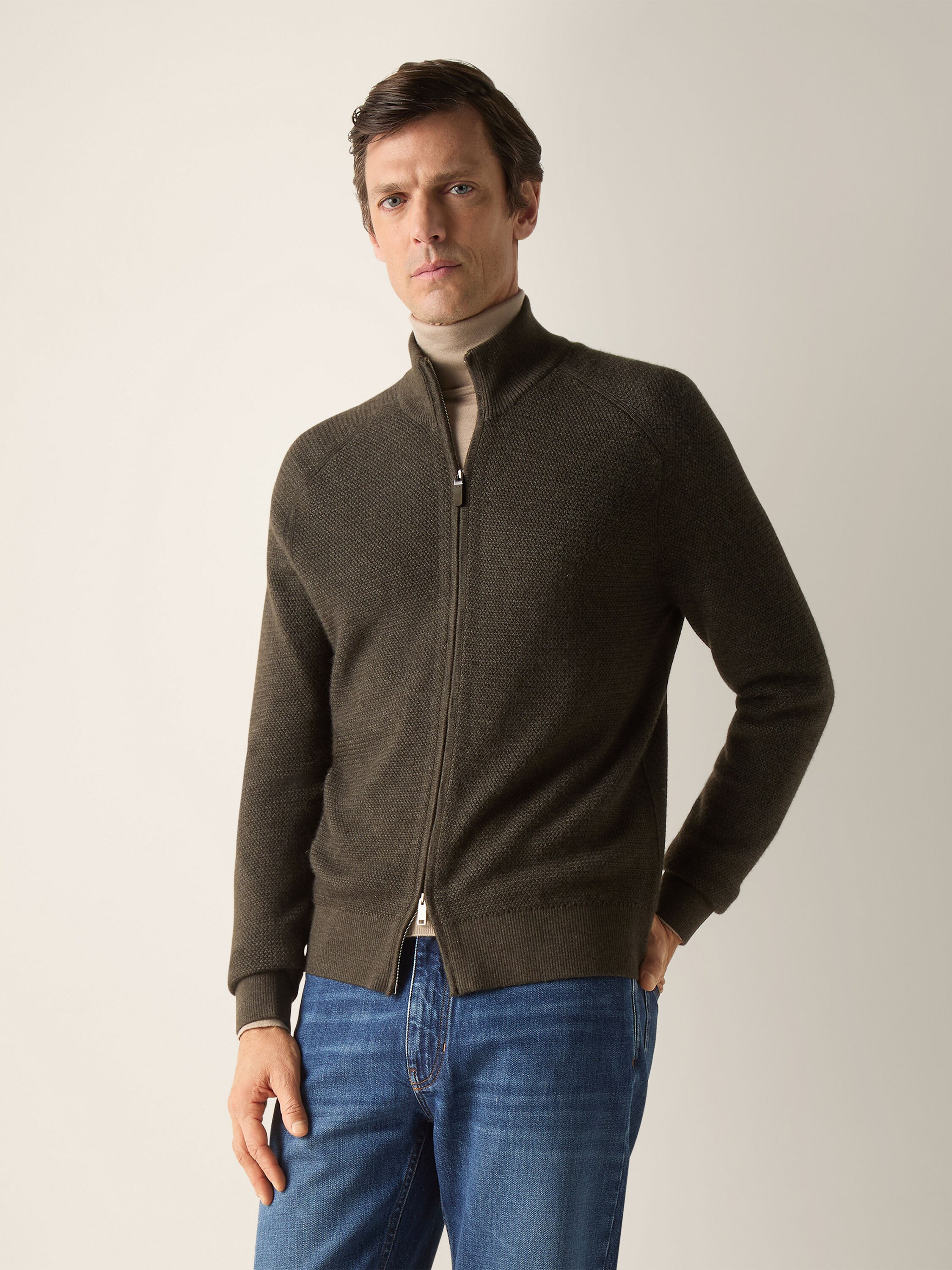 Dark Olive Green and Dark Grey Cashseta Full Zip Cardigan Product detail photo #2