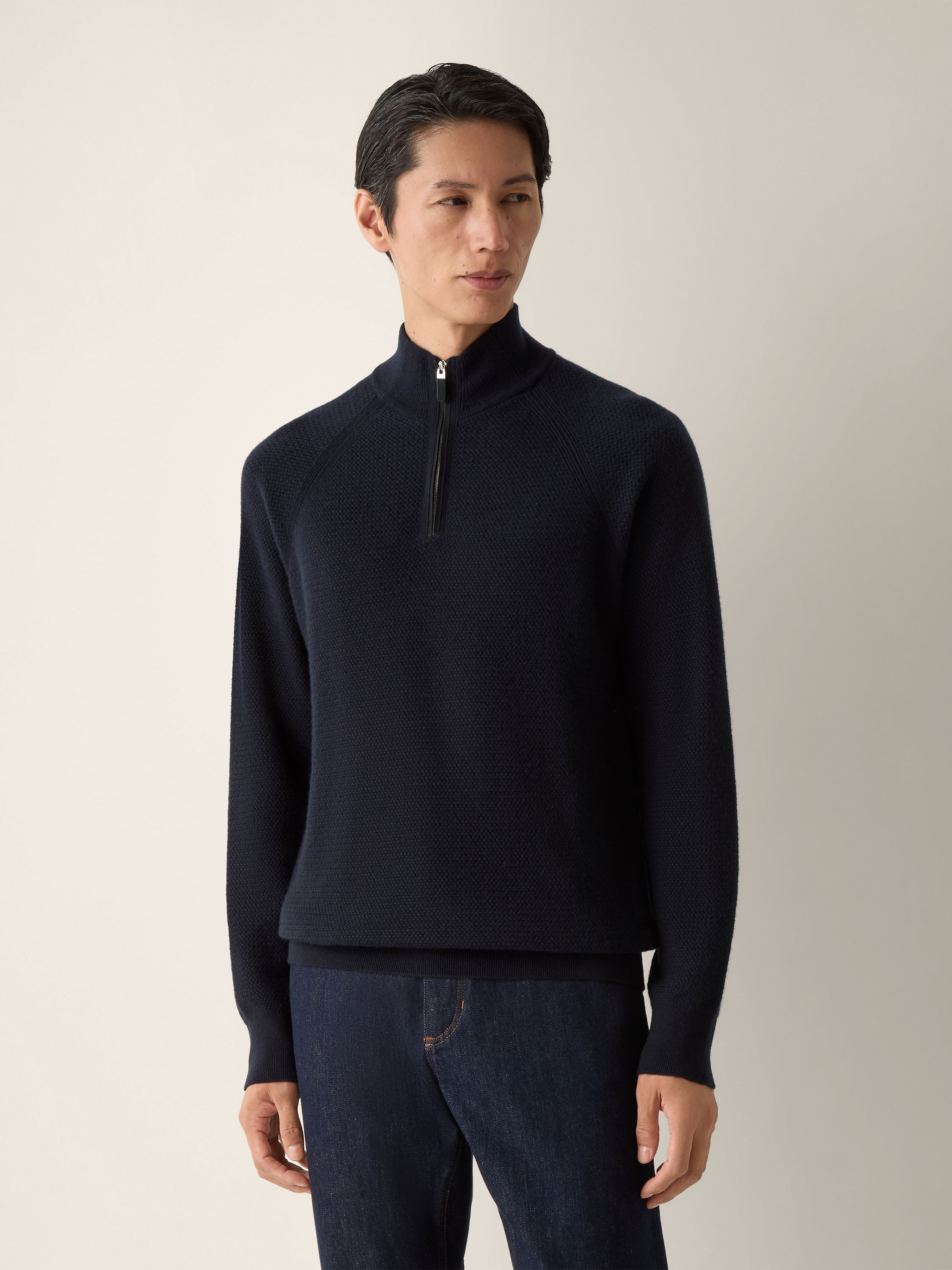 Navy Blue Oasi Cashmere Zip Mock Sweater Product detail photo #2