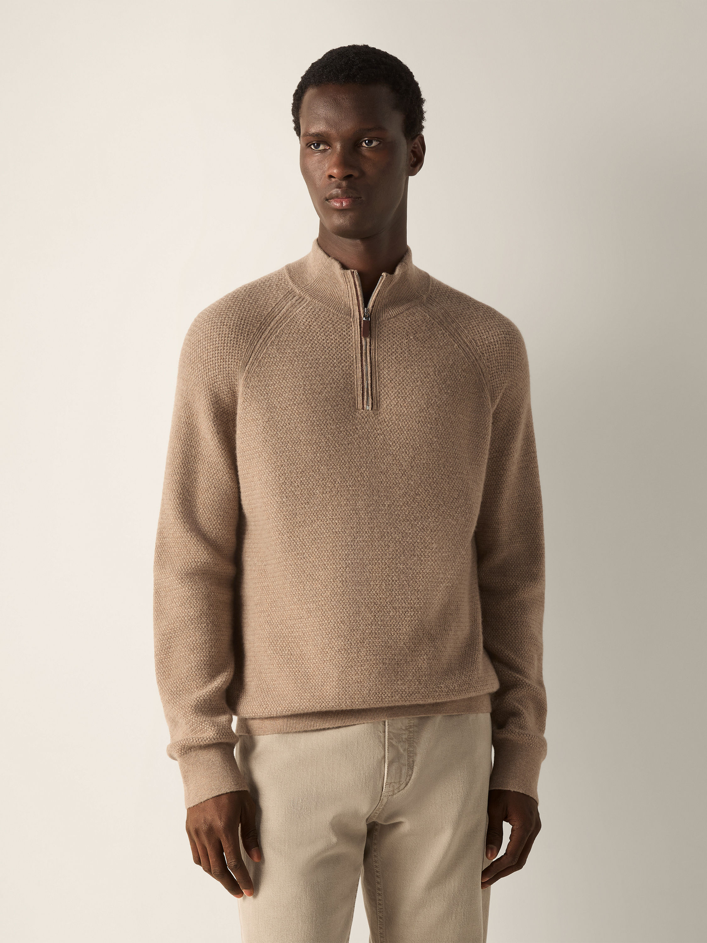 Light Beige Mélange Oasi Cashmere Zip Mock Sweater Product detail photo #3