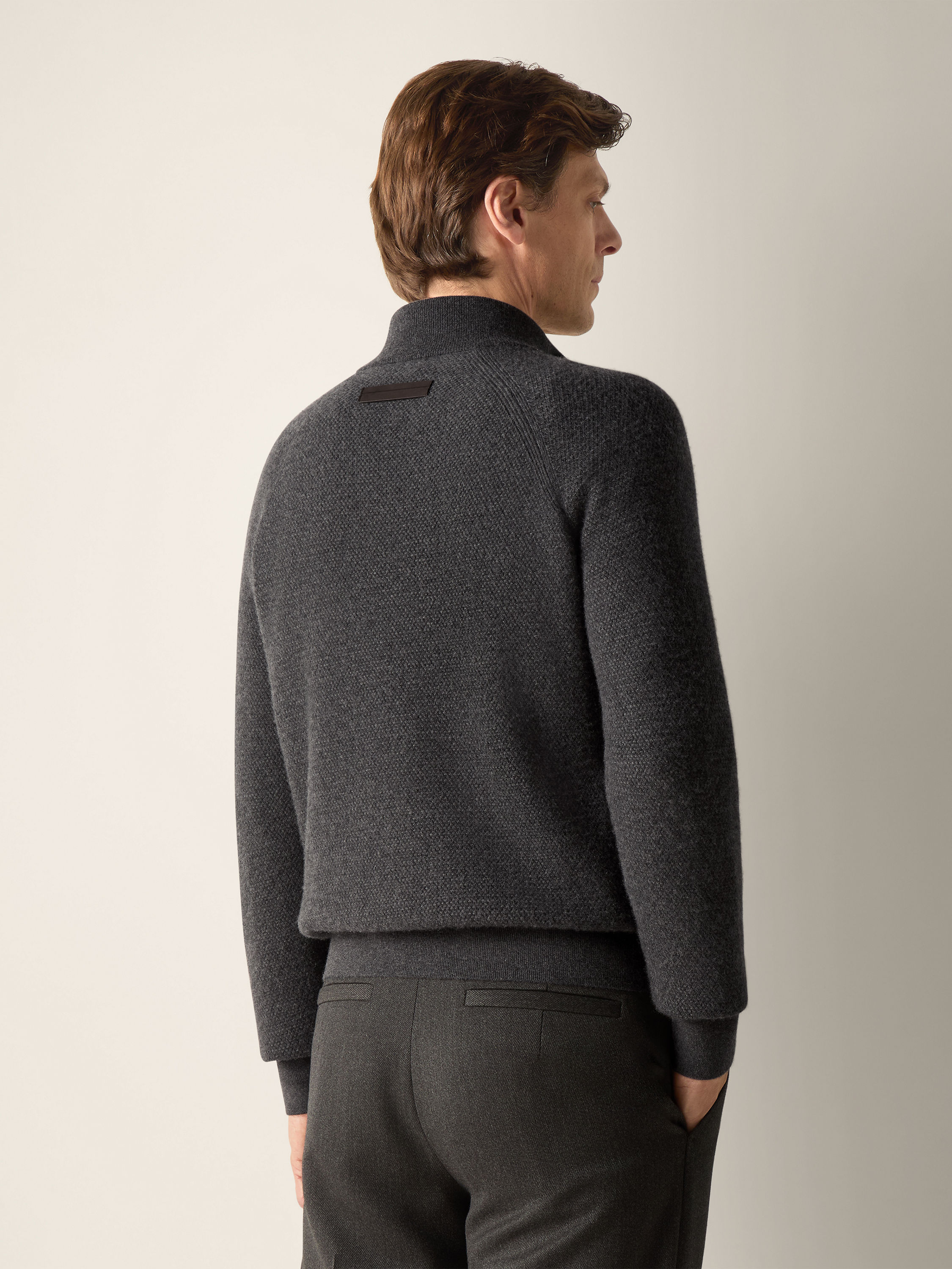 Dark Grey Mélange Oasi Cashmere Zip Mock Sweater Product detail photo #5