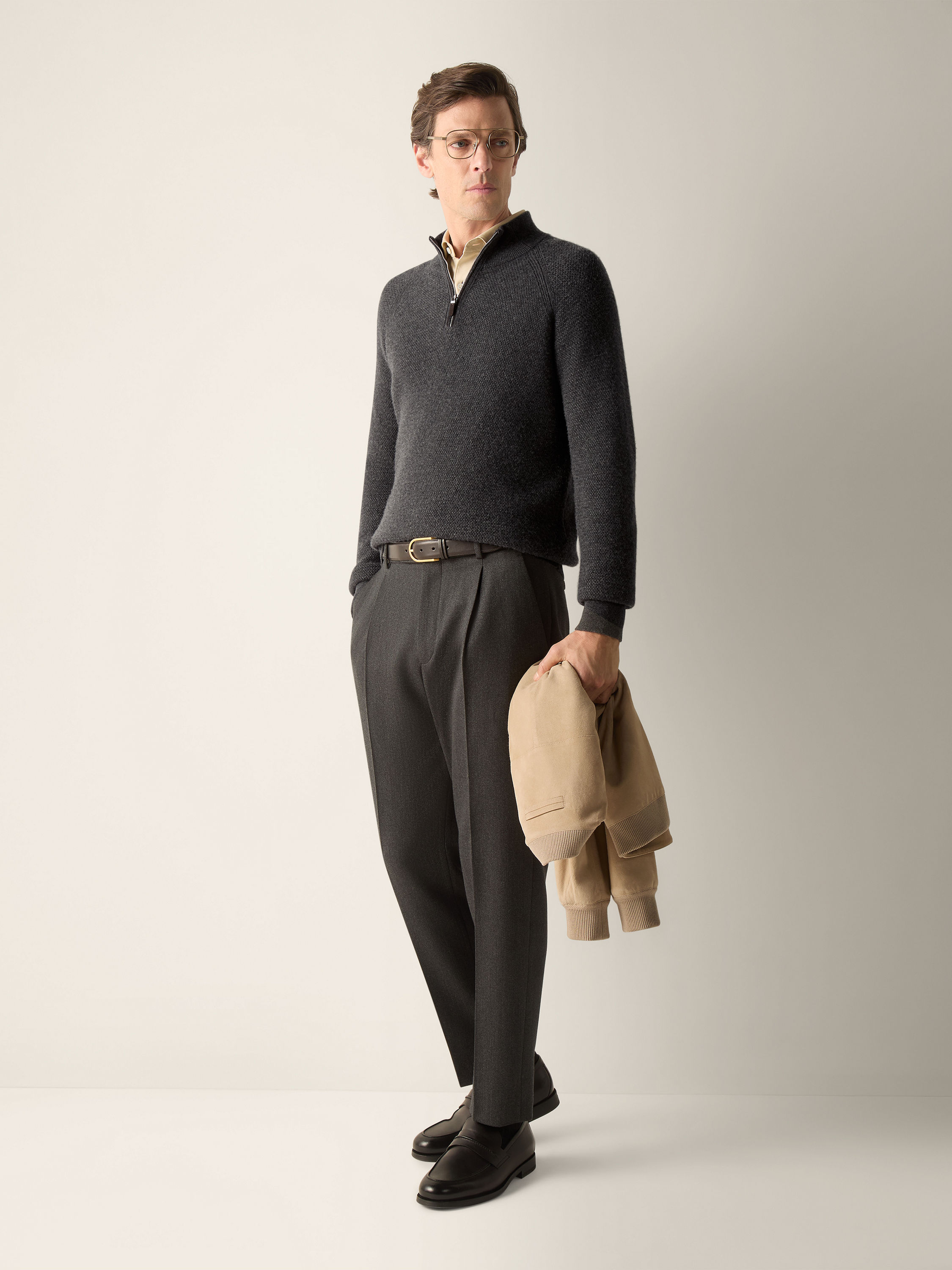 Dark Grey Mélange Oasi Cashmere Zip Mock Sweater Product detail photo #2