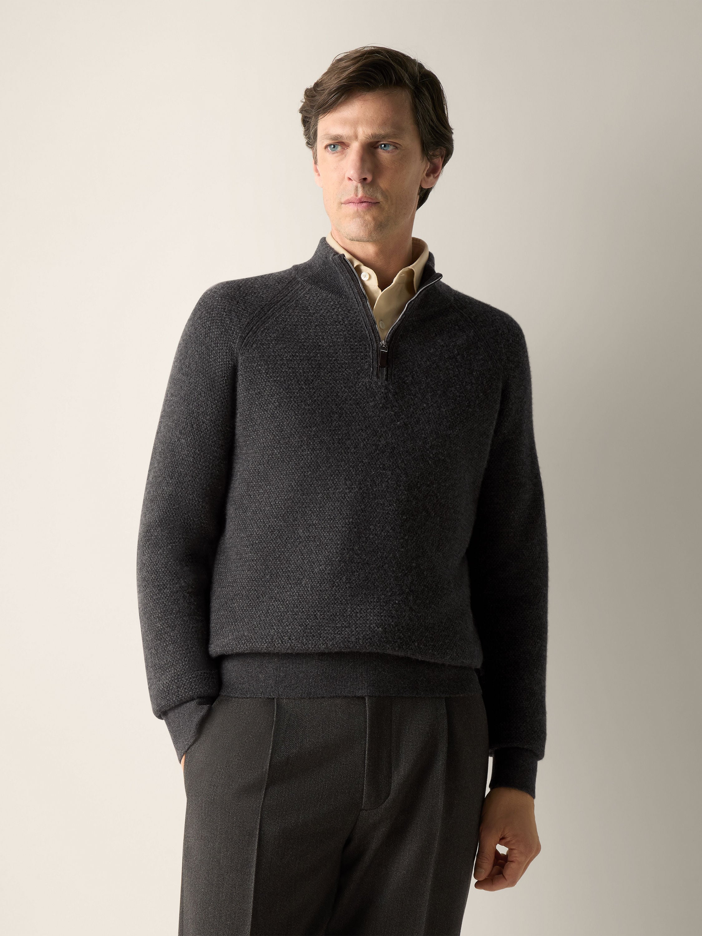 Dark Grey Mélange Oasi Cashmere Zip Mock Sweater Product detail photo #3