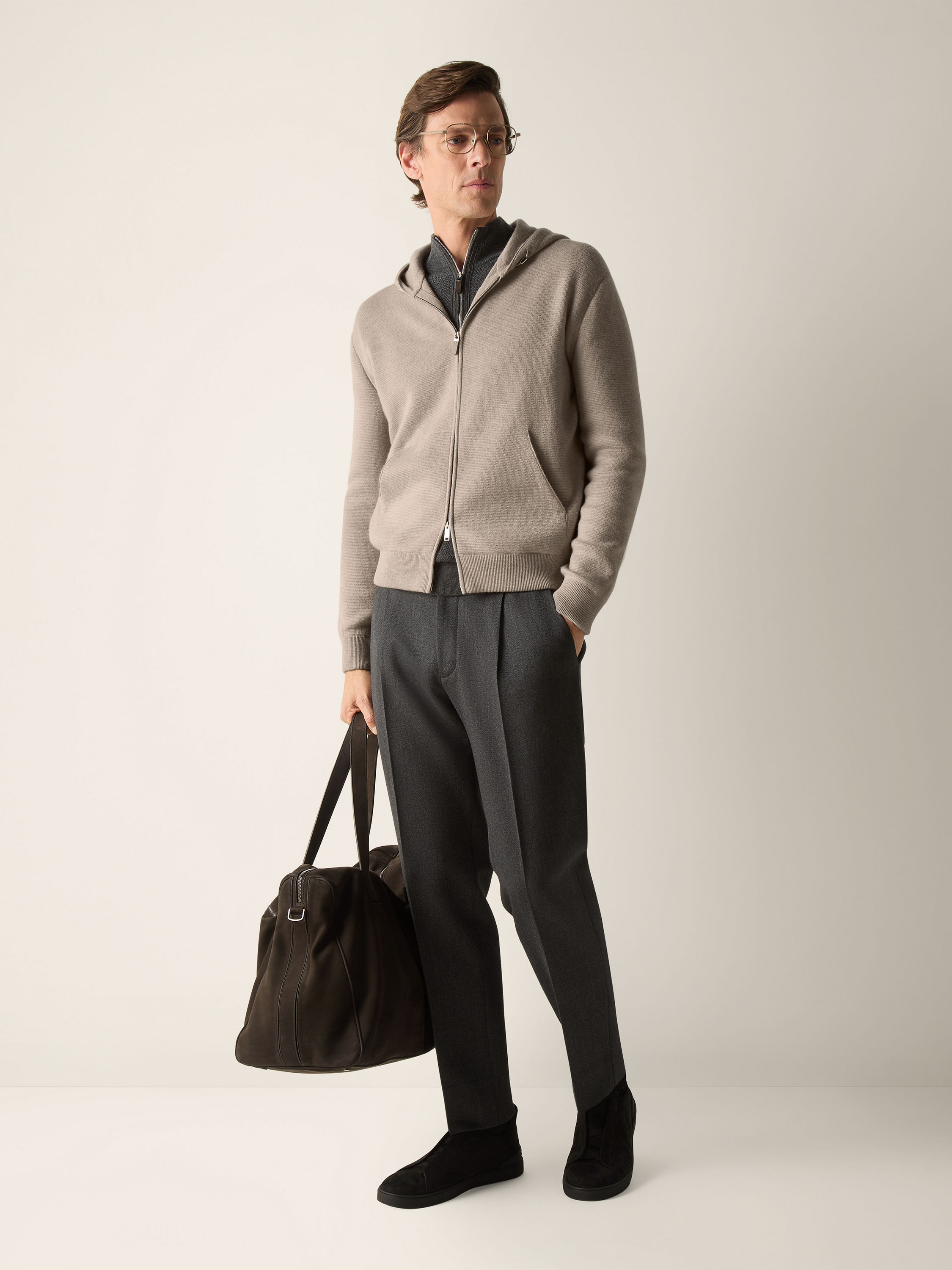 Light Taupe Mélange Cashmere and Cotton Full Zip Hoodie Product detail photo #2