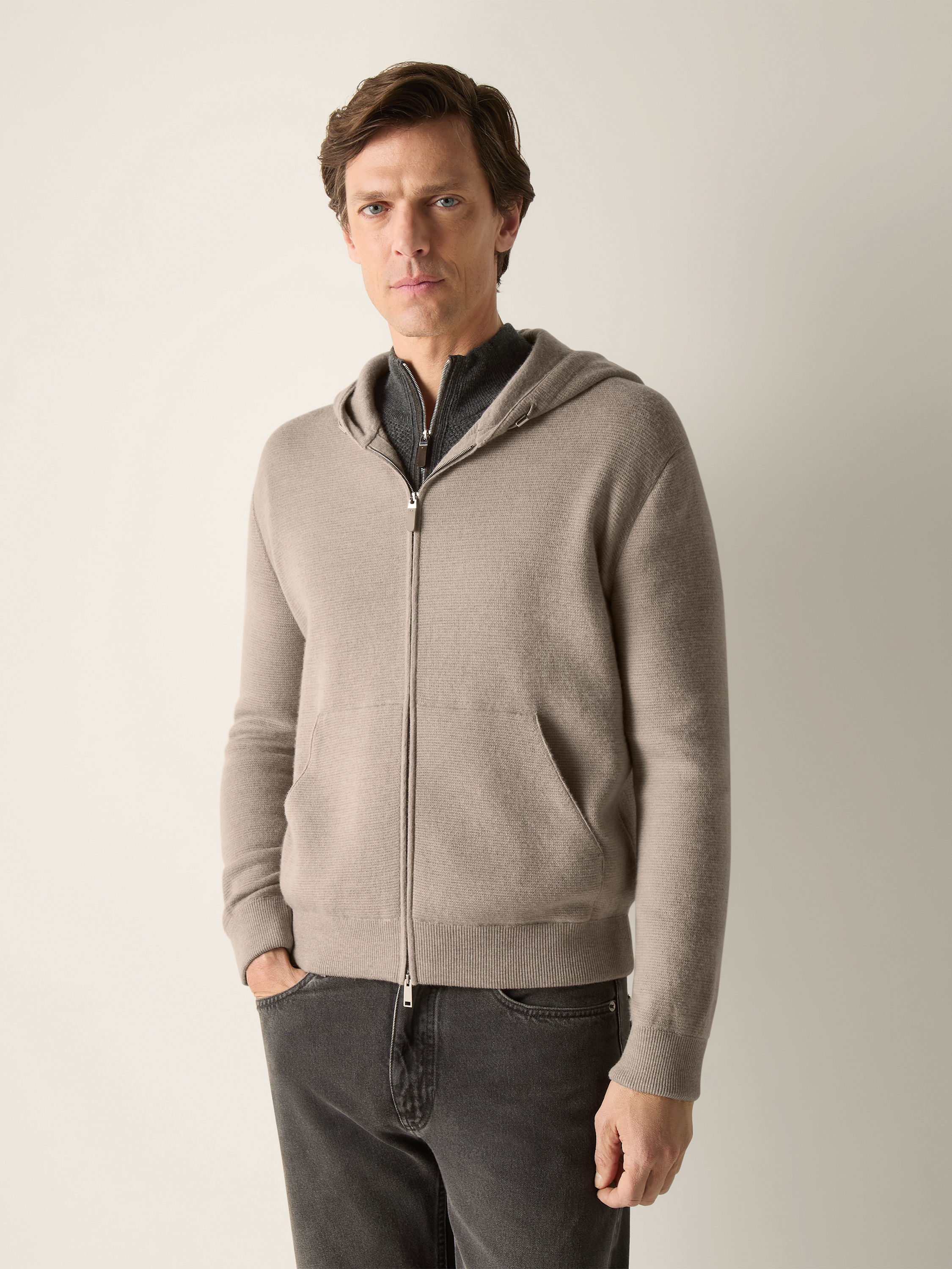 Light Taupe Mélange Cashmere and Cotton Full Zip Hoodie Product detail photo #3